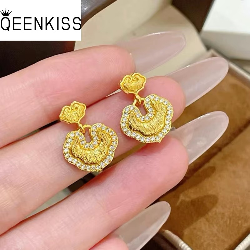 QEENKISS Gold Vintage RUYI Stud Earrings For Women Wedding Party Birthday